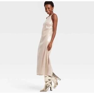 NWT Sequin Maxi Halter Dress Sz M Glitter NYE Formal Sleeveless Slip Side Slit